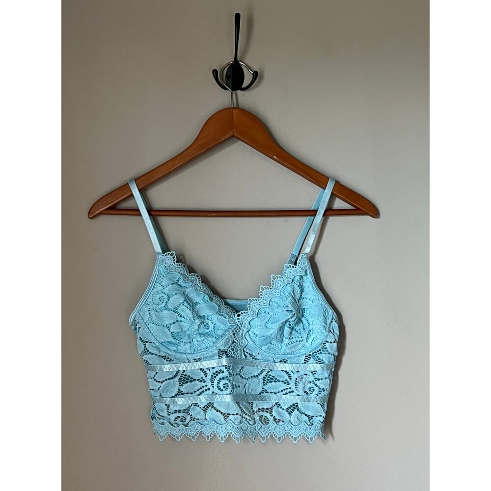 NEW Lace Floral Cami Bra with Adjustable Spaghetti Straps Sky Blue Medium